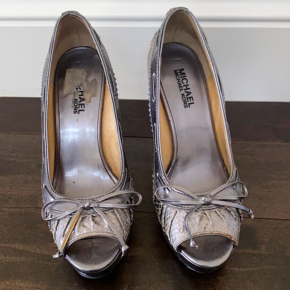Silver Michael Kors Peep Toe Platform High Heel Pumps - leather upper